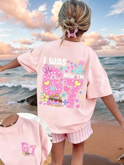 Tween Girl Colorful Cartoon "I WAS 6, NOW I'M 7" 67 Element Print Top, Suitable For Activities, Daily Wear, Party Wear, Birthday Gift For Tween Girl, Birthday Party , Ideal Gift For Birthday Celebration, Fashionable Summer Top