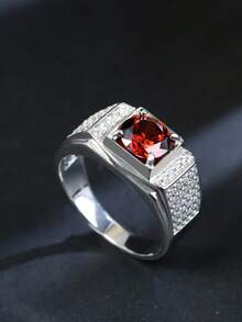 1pc S925 Silver Men's Engagement Ring, Inlaid With 2 Carat Synthetic Garnet, Luxury Jewelry, Suitable As Wedding Anniversary Or Valentine's Day Gift, Ramadan Jewelry - Silver - View 4