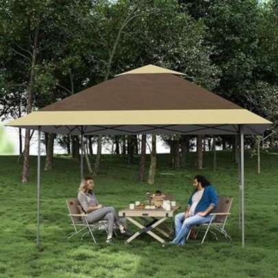 Carpa plegable resistente para exteriores de 4 x 4 m, techo doble, montaje rápido, resistente al agua, para terraza, césped, patio, jardín y fiestas, color caqui y caqui claro.