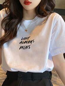 Made In Japan, Spring/Summer Cotton, Round Neck, Loose Fit, Versatile, Simple, English Print Short-Sleeve T-Shirt - White - View 1