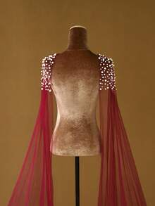 1 Pair Burgundy Sheer Pearl Shawl, Fashionable Wedding Dress Shoulder Cover, Arm Slimming - Multicolor - View 3