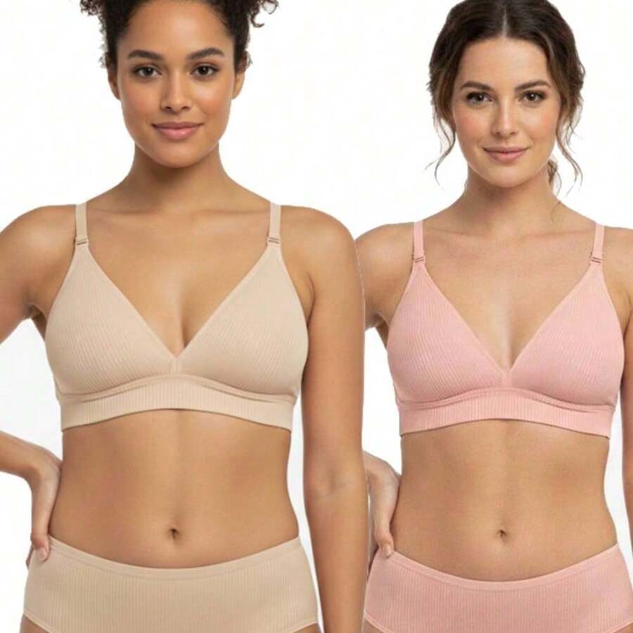 Kit Of 1 To 2 Ribbed Bras With Padded Cups, No Underwire, Thin Adjustable Straps, Comfortable And Wrinkle-Free - 2 件胸罩(米色/粉紅色) - 查看 1