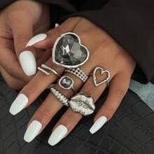 5pcs Set Of Exaggerated Black Heart Acrylic Rings, Metal Spiral Lip Rings, European And American Cross-Border Design - Silver - View 5