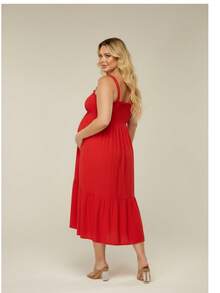 Vestido Midi Gestante Plus Size Soltinho Confortável Com Babado Feminino De Alcinha Fresquinho - Vermelho - Visão 2