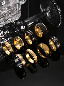 8件套不锈钢黑金戒指套装，哑光黑金几何元素，男女皆宜，适合日常佩戴、节日、约会等场合。 - 金色 - 查看 9