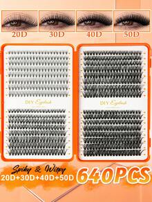 640pcs D-Curl Cluster False Eyelashes, DIY Makeup Essential, Large Capacity, Soft & Natural, Beginner-Friendly, Thick & Fluffy, Individual Lash Set, Long-Lasting & Dense, Mixed Styles, Suitable For Beginners & Daily Use, Applicable For Weddings, Parties, Cosplay & Music Festivals - 彩色 - 查看 2