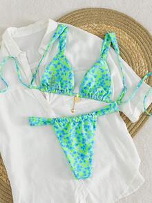 PEPPERMOLLY Biquíni verde de duas peças, campeão de na primavera/verão de 2026, com estampa aleatória, tecido elástico, design sexy e moderno, indispensável para férias na praia, modelador de silhueta. - Multicolorido - Ver 3