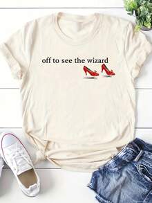 1Pc  Off To See The Wizard Wizard Of Oz Women'S T-Shirt |   Nostalgic Vibe Red Ruby Slippers Print, Comfortable All-Season, Crew Neck, Regular Fit, Slight Stretch Fabric   Women's Graphic Round Neck Short Sleeve Tee, Valentine St. Patrick Easter Theme, Casual Daily Wear - màu đen - Xem 4