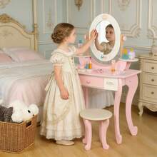 TOCADOR INFANTIL DE MADERA ROSADO CON ESPEJO |Juego de Maquillaje para Niñas +3 Años|Incluye 12 Accesorios y Taburete - Rosa - Ver 9
