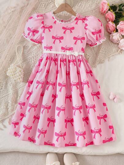Tween Girls Sweet Bow & Love Print Puff Sleeve Lace Trim Waist Princess Dress, Spring/Summer
