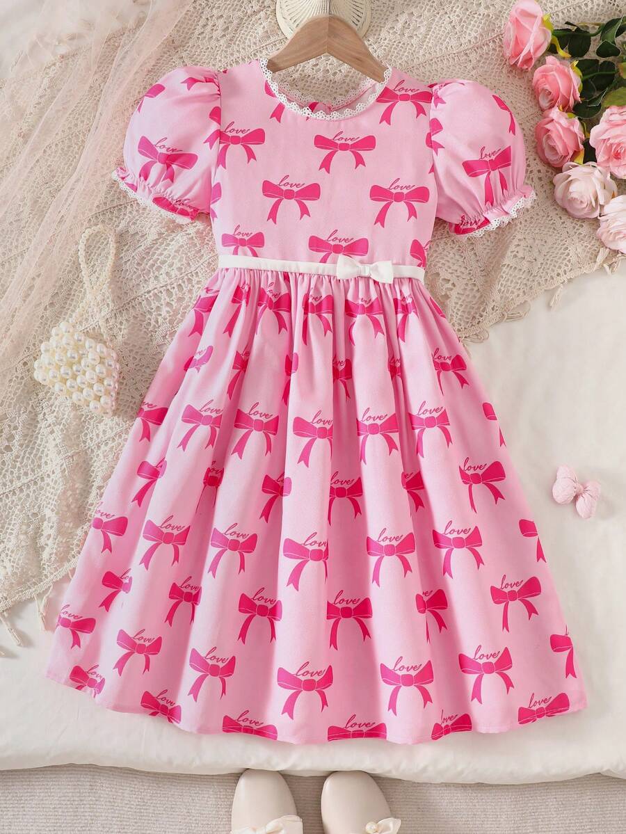 Tween Girls Sweet Bow & Love Print Puff Sleeve Lace Trim Waist Princess Dress, Spring/Summer - Pink - View 1
