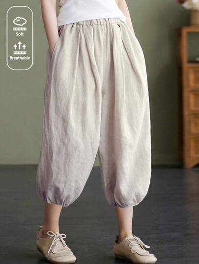 女士夏季轻薄亚麻纯色灯笼裤，宽松休闲百搭七分哈伦裤 春季