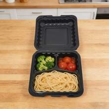 95 Sets Of Flip-Top Takeout Boxes, Sealed Leak-Proof 3-Compartment Hinged Boxes, Takeout Food Boxes, Made Of PP Material Which Is Heat-Resistant And Can Be Heated In A Microwave Oven. They Are Very Suitable For Food Storage And Are Ideal For Use During Carnivals, Wedding Seasons, And Parties. - 黑色 - 查看 6