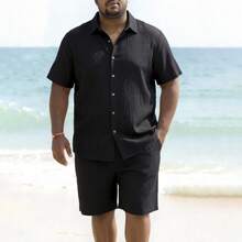 ResortEase Plus Size Men Solid Color Front Button Short Sleeve Shirt And Pockets Shorts Set - Black - View 3