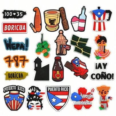 15/22 件装波多黎各主题鞋饰，饰有波多黎各文化图案和面包美食设计，鞋履装饰配件，适用于拖鞋和凉鞋，是绝佳的圣诞礼物。