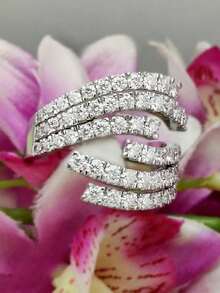 1枚奢华优雅多层设计戒指，镶嵌闪亮锆石，可调节，周年纪念及订婚首饰，婚礼订婚派对节日首饰配饰（无包装盒） - 銀色 - 查看 2