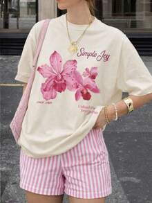 Women's Casual Comfy Set: Striped Shorts And Printed T-Shirt - Beach, Vacation, Home, Street, Airport Clothes - Spring/Summer - Tắt trắng - Xem 6