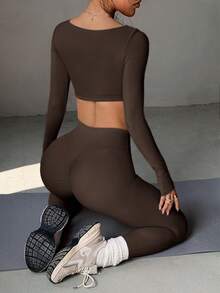 Aoqta 运动女士两件套休闲短袖方领T恤上衣和紧身提臀裤夏季健身瑜伽跑步运动套装 - 棕色 - 查看 10