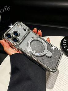 1pc Rhinestone Frame Shell Ombre Glitter Paper + Stand Gold-Plated Phone Case Compatible With IPhone 17/11 Pro/11 Pro Max/12/12 Pro/12 Pro Max/13/13 Pro/13 Pro Max/14/14 Pro/16 Plus/14 Pro Max/15/15 Pro/15 Plus/15 Pro Max/16/16pro/16promax/16plus Protective Case - Multicolor - View 3