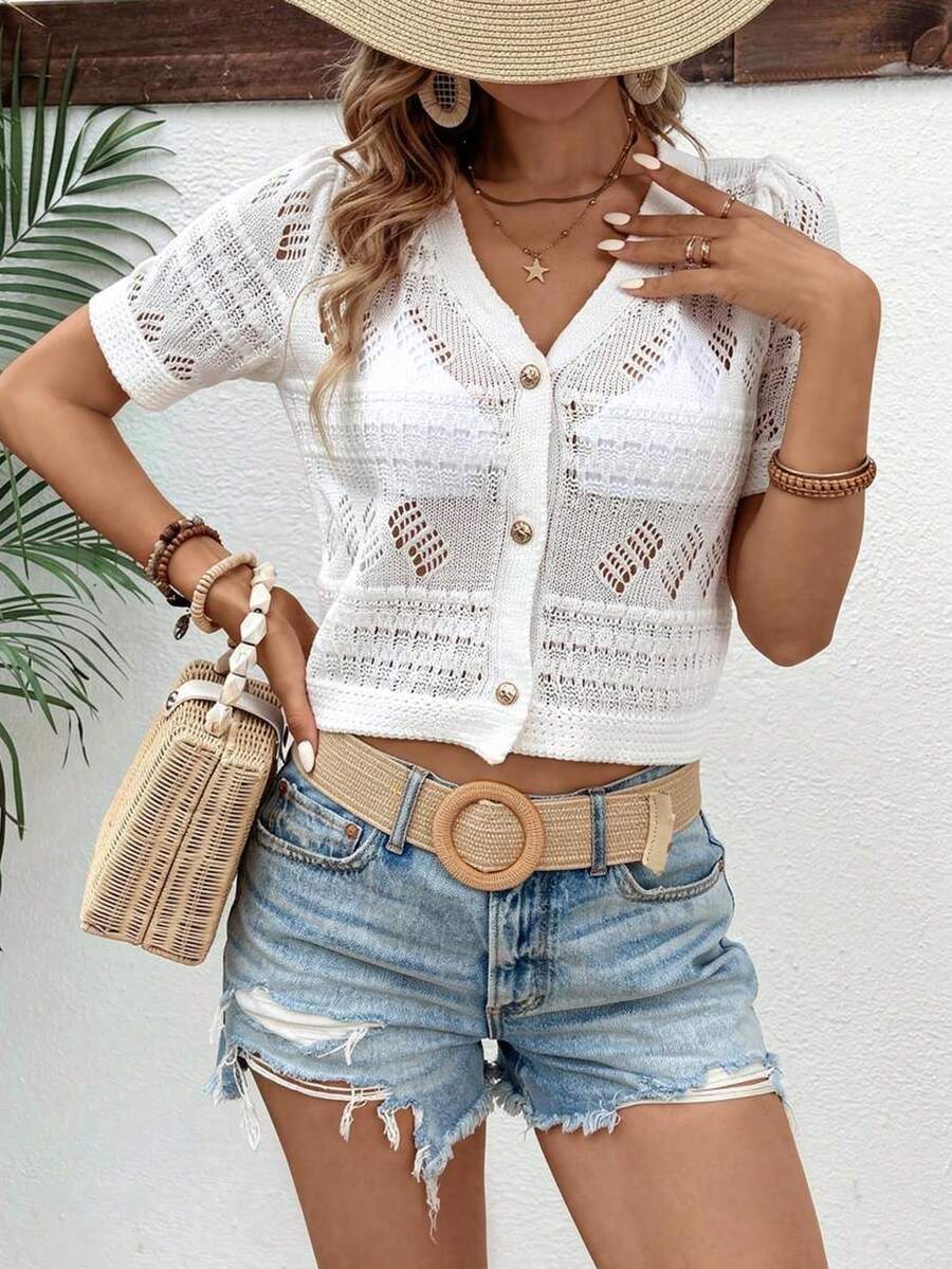 Button Front Pointelle Knit Cardigan Without Bra - White - View 1