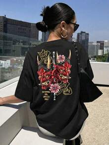 “势不可挡的灵魂”日式鬼面具女款T恤，常规版型般若面具图案T恤，舒适街头风短袖上衣，独特复古动漫风格，Pinterest时尚休闲黑色夏季款 - 黑色 - 查看 3