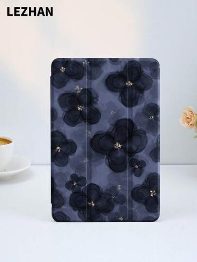 1pc Ink Flower Pattern Tablet Protective Case With Pencil Slot, Anti-Drop, Tri-Fold Tablet Stand Protective Shell, Compatible With 10.2", Pro 11" 2021/2020/10th Gen, (A16) 11" 11th Gen 2025, 8th/9th/10th Gen, Galaxy Tab A8 10.5" 2022, Matepad 10.4"/Tab, Support Sleep/Wake, Romantic Personalized Gift