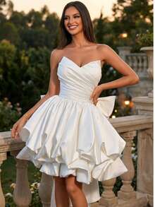 White Woven Fabric Strapless Multi-Layer Maxi Dress, Zipper Closure, Bridal Gift, Party Style - White - View 5