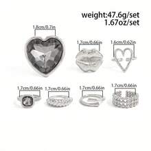 5pcs Set Of Exaggerated Black Heart Acrylic Rings, Metal Spiral Lip Rings, European And American Cross-Border Design - Silver - View 2