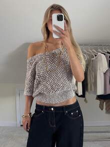 2026 Spring/Summer Fashion Women's Hollow Out Crochet Shoulder Top, Drop Shoulder Design, Casual Short Sleeve V-Neck - Grey - View 4