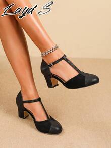 New Spring/Summer 2026 Collection: Elegant And Stylish Classic Color-Blocked High Heels In Black And Brown. T-Strap Design For A Slimming Effect. Perfect As A Gift For Mothers. Exquisite And High-End Women's Shoes. Suitable For Parties, Dances, Business Occasions, Family Gatherings, Low-Heeled Round Toe Pumps, Everyday Wear, And Dress Pairings. Suitable For Any Occasion. (Local Warehouse, Delivery As Fast As 3 Days) - màu đen - Xem 2