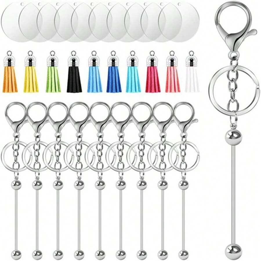 Keychain Making Kit - DIY Keyrings,10 Beadable Keychain Rods, 10 Tassels,10 Acrylic Blanks,Charm Keyring Making Kit - Multicolor - View 1
