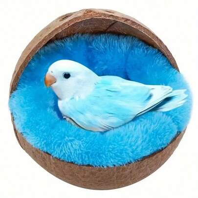 Nido de coco natural para mascotas pequeñas, casa, cama, anidación, anti-mordedura, con almohadilla térmica y campana para loros, cacatúas, periquitos, nido cálido - Nido de coco para pájaros, nido de cáscara de coco, nido de loro, nido de pájaros con campana colgante, nido de pájaros esponjoso - Decoración cálida y cómoda, accesorio duradero para aves de mascota (Talla única, sin almohadilla, color de campana aleatorio)