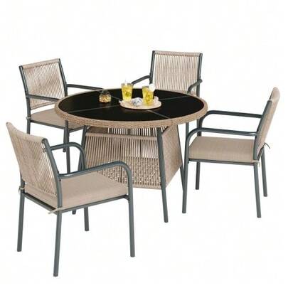 Modern Rattan Garden Furniture Set, Including A Round Glass Table And Four Armchairs, With An Iron Frame. Ideal For A Terrace, Balcony Or Patio.