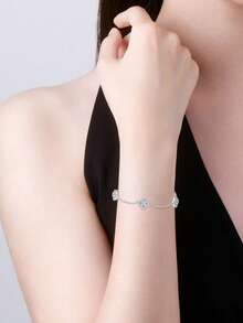 XUJIA 1pc 925 Sterling Silver Four-Leaf Clover Women's Fashion Bracelet, 3mm*20pcs Round Moissanite Lucky Pendant, Sweet Valentine's Day Gift For Girlfriend/Wife - Silver - View 5