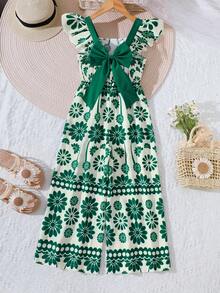 Tween Girls' Floral Print Camisole Top With Flared Sleeves + High Waist Jumpsuit With Bow Back, Fresh And Sweet, Spring/Summer - Green - View 2