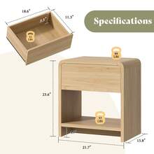 Modern Nightstand Set Of 2 With Storage Drawer And Open Shelves, 24" Round Bedside Table With Curved Top Corners, End Table For Bedroom And Living Room - Natural Oak - View 2