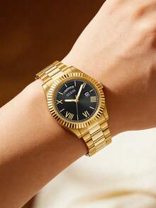Guess Reloj de lujo para  inoxidable dorado, esfera negra con ventana de fecha, reloj de pulsera de negocios con números romanos GW0265G3 - Negro - Ver 3
