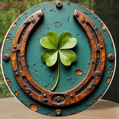 1件复古马蹄铁和四叶草墙饰 - 幸运金属标牌，适用于房间、花园、酒吧、咖啡馆 - 室内外复古圆形墙饰，生日和乔迁礼物的完美之选（马蹄铁和四叶草设计），2D平面风格