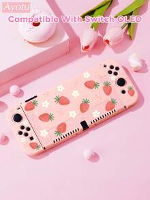 Ayotu 草莓花卉主题Switch保护壳，适用于新款Switch 2 (2025)/Switch NS/Switch OLED，无需取下即可在底座上使用，通用游戏手柄保护套，Switch游戏配件，防摔防刮，春日浪漫/返校礼物/情人节礼物 - 查看 8