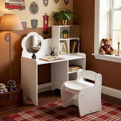 The White Wooden Children's Makeup Table Set Includes A Table, A Mirror, And A Chair, With A Thoughtful Storage Shelf. It Features A Stable Structure And Rounded Corners For  Use By Kids. The Storage Rack Design Allows Easy Access To Daily Items, Meeting Various Needs For Dressing, Learning, And Playing. With A Neutral And Elegant White Finish, It Is Suitable For Both Boys And Girls And Blends Seamlessly Into Bedrooms, Playrooms, And Other Spaces. A Perfect Combination Of Practicality And Aesthetics, It Is An Ideal Choice For Children's Furniture.