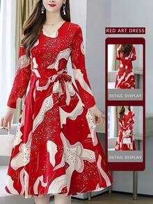 2026 Spring Women's French V-Neck Dress - Irregular Print High-Waist Tie, Mature Elegant Vacation Maxi Dress , Vestidos De Mujer Casual/Spring Dresses/Sun Dresses For Women/Vacation Outfits - 紅色 - 查看 6
