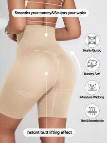 1pc Women's High Waist Tummy Control Mid-Thigh Shaping Shorts, Suitable As Base Layer - Apricot - View 5