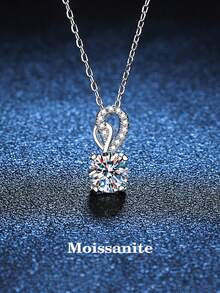 1pc Elegant Luxury 925 Sterling Silver 1 Carat 6.5mm Moissanite Necklace, Suitable For Women's Daily Wear, Banquet, Holiday, Valentine's Day, Mother's Day, Easter, Wedding Anniversary, Women's Jewelry Gift - Silver - View 1