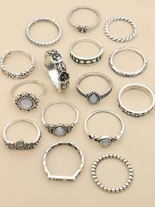 15pcs Water-drop & Butterfly Decor Ring - Antique Silver - View 3