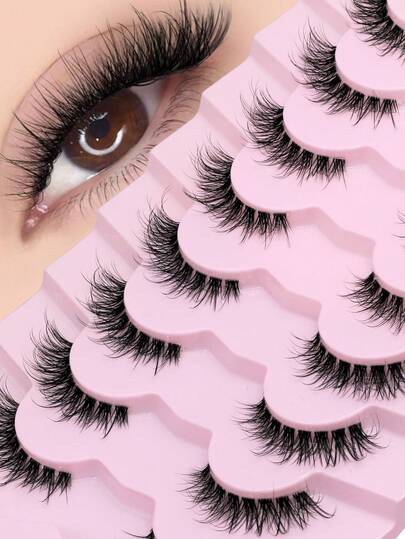 GROINNEYA 8 pares de pestañas postizas de aspecto natural con banda transparente delgada, pestañas suaves y delicadas de visón, pestañas con sensación de aire, pestañas de tira completa con efecto cruzado, pestañas de hada, para crear un look de maquillaje natural, adecuado para maquillaje diario, adecuado para principiantes