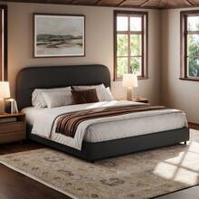 Boucle Upholstered Bed Frame, Upholstered Platform Bed With Headboard And Footboard, Modern Bed Frame Twin/Full/Queen/King, Black / Grey/ White/ Beige/ KhakiTwin Size Boucle Bed Frame/ Full Size Boucle Bed Frame/ King Size Boucle Bed Frame - 灰色 - 查看 1
