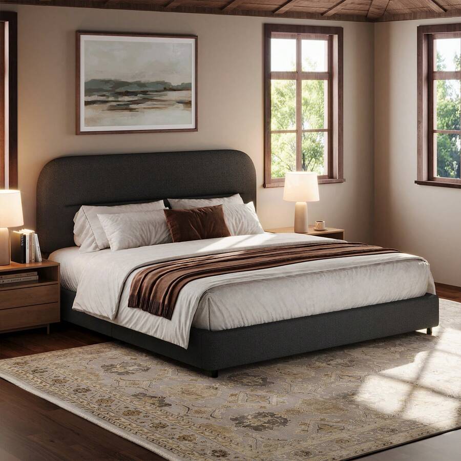 Boucle Upholstered Bed Frame, Upholstered Platform Bed With Headboard And Footboard, Modern Bed Frame Twin/Full/Queen/King, Black / Grey/ White/ Beige/ KhakiTwin Size Boucle Bed Frame/ Full Size Boucle Bed Frame/ King Size Boucle Bed Frame - 灰色 - 查看 1