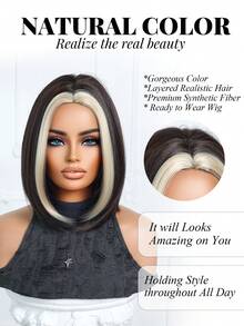 12英寸多色分缝波波头假发，女士假发，耐热合成假发，适合节日、旅行、化装舞会、派对、日常佩戴、音乐节、婚礼季、女孩节日礼物 - 挑染金色 - 查看 3