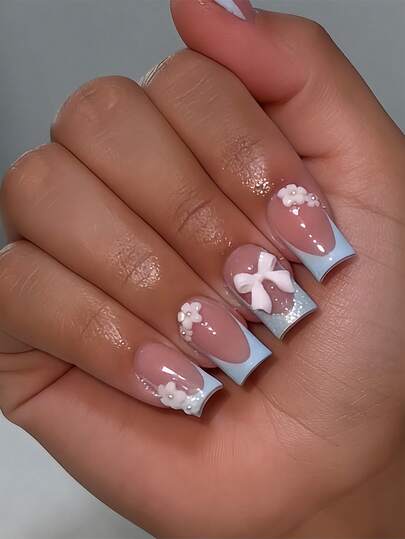 Upgrade Your Look With 24pcs Short Square Shape Press On False Nails Elegant Light Blue French Dreamy White Bow Studded Nude False Nails Luxurious Silver Studded Light Pink False Nails White Peach Blossom Studded False Nails Full Coverage Fake Nail Kit For Women And Girls Includes 1sheet Adhesive Tabs & 1pc Mini Fils Strip Jelly Gel Random Shipment