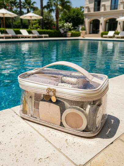 Large Clear Makeup Bag Big Cosmetic Bags Waterproof Toiletry Organizer With Handle Transparent Toiletries Case Travel Pouch For Women Girls Daily Beauty Purse Essentials Skincare Make Up Bag 5 Colors Brown Black Beige Pink Green, Pouch, Makeup Pouch, Travel Essential